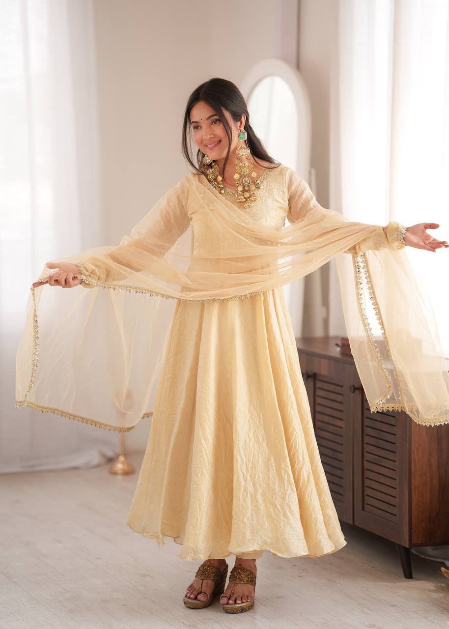 Womenline Cream Anarkali Gown with Net Dupatta