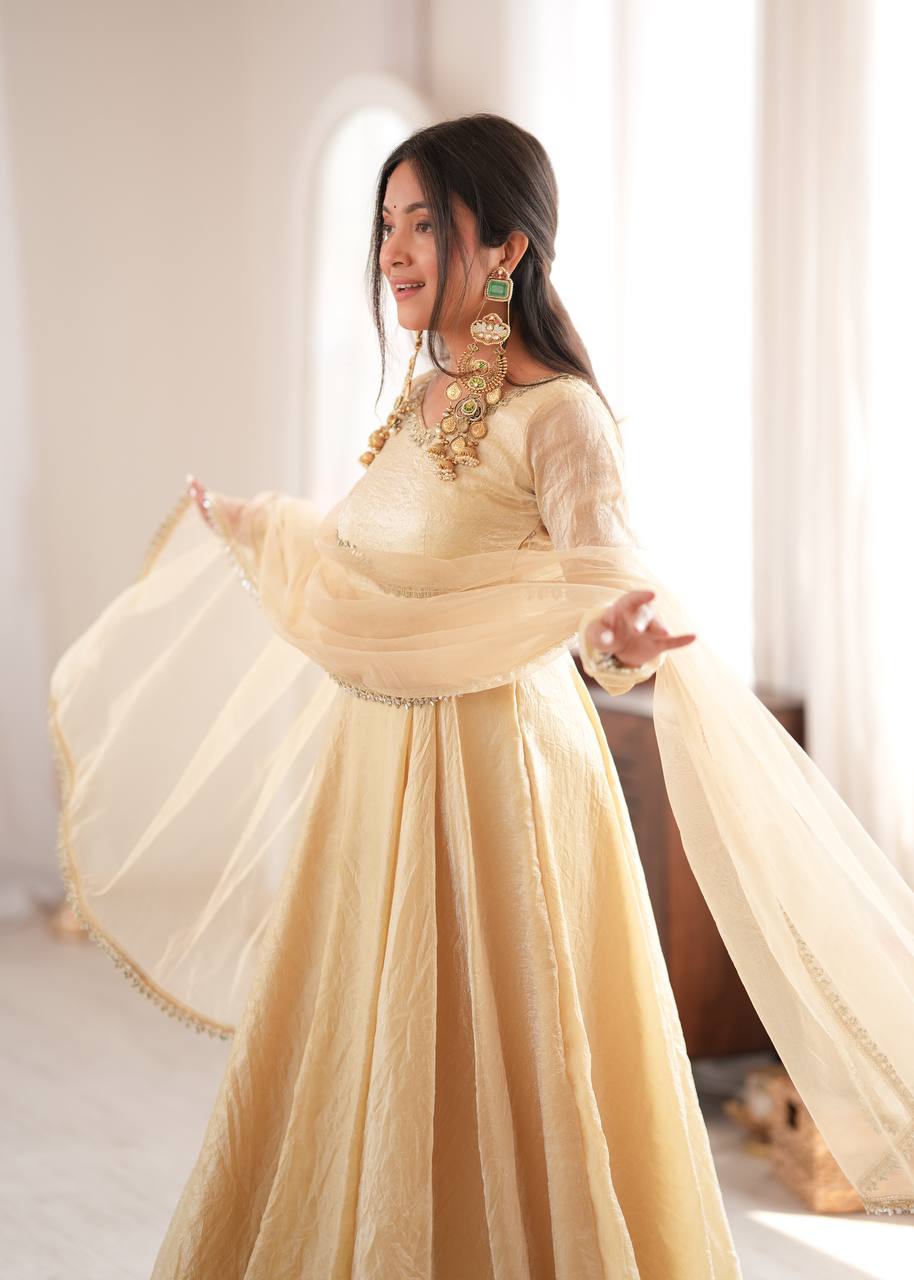 Womenline Cream Anarkali Gown with Net Dupatta