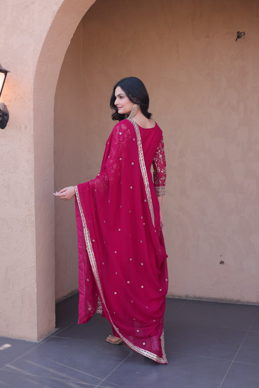 Womenline Rani Pink Embroidered Gown with Dupatta