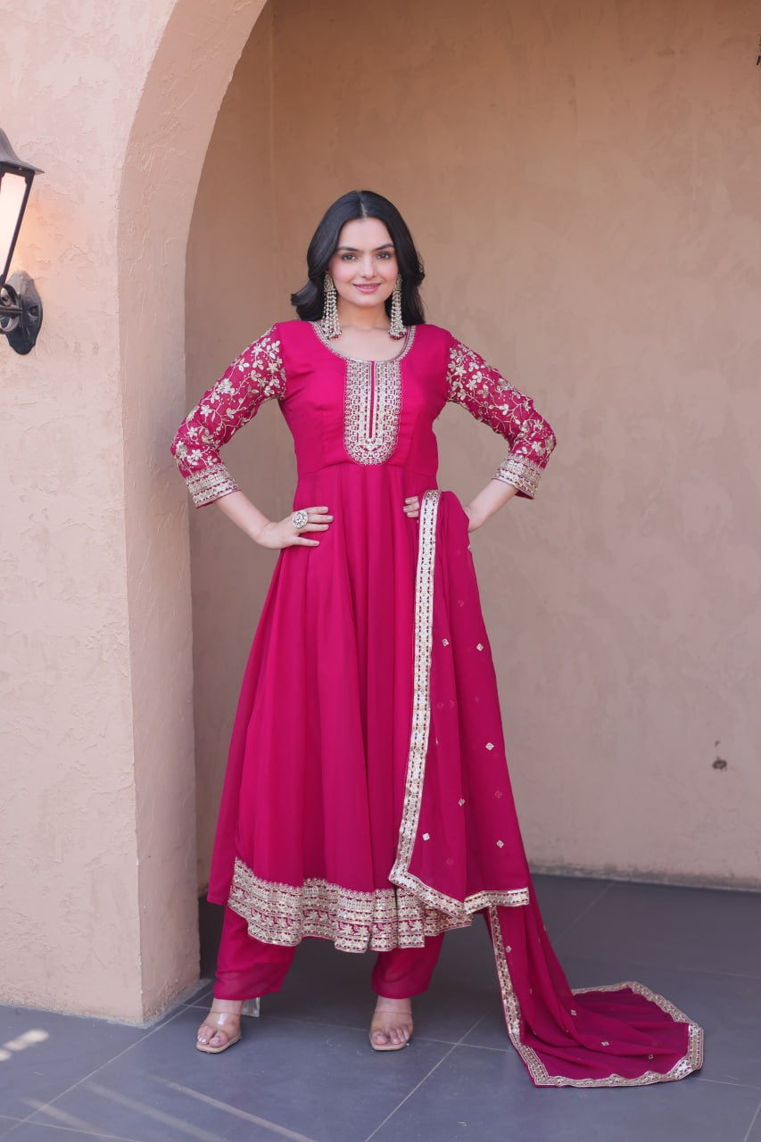 Womenline Rani Pink Embroidered Gown with Dupatta