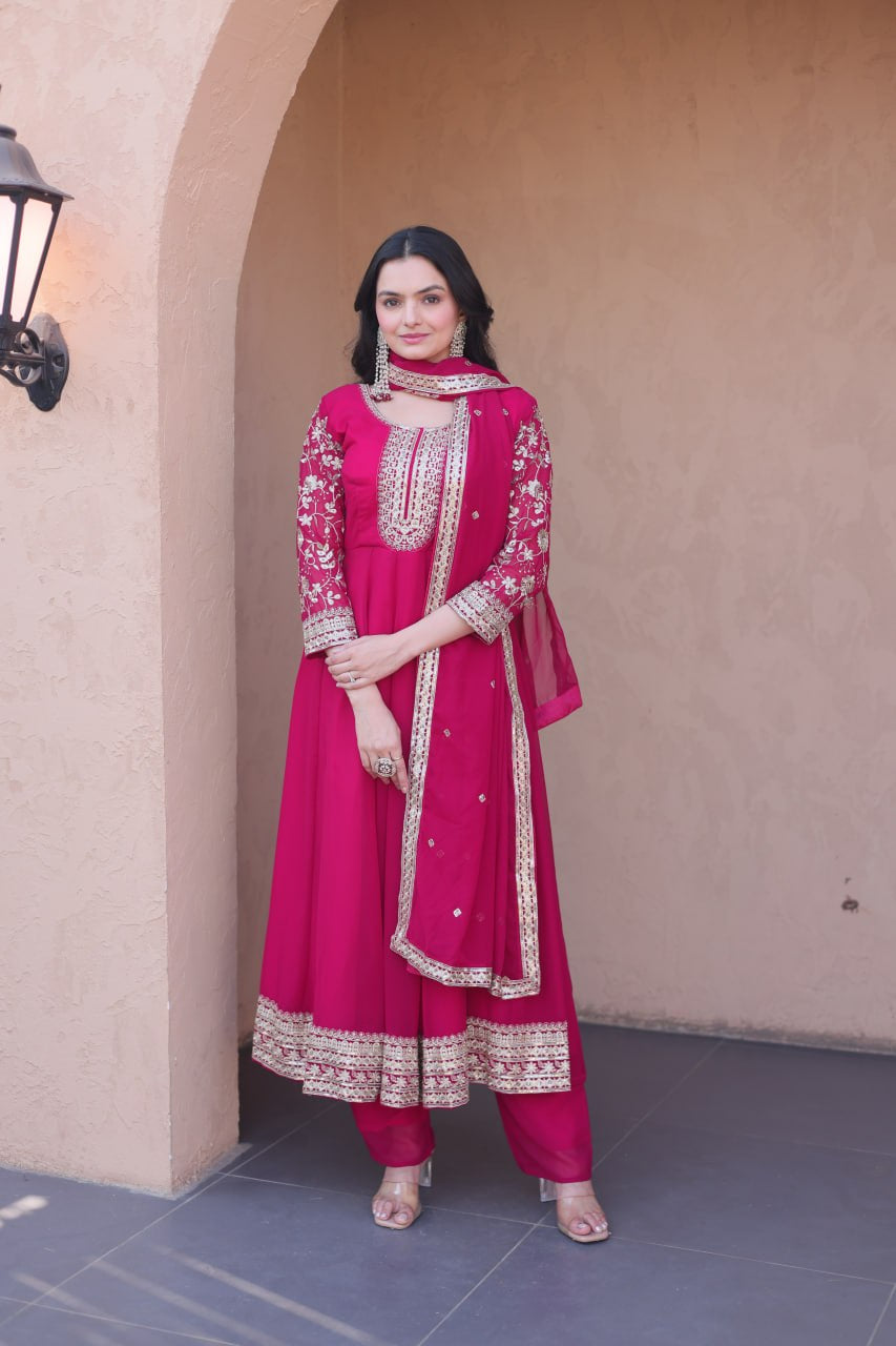 Womenline Rani Pink Embroidered Gown with Dupatta