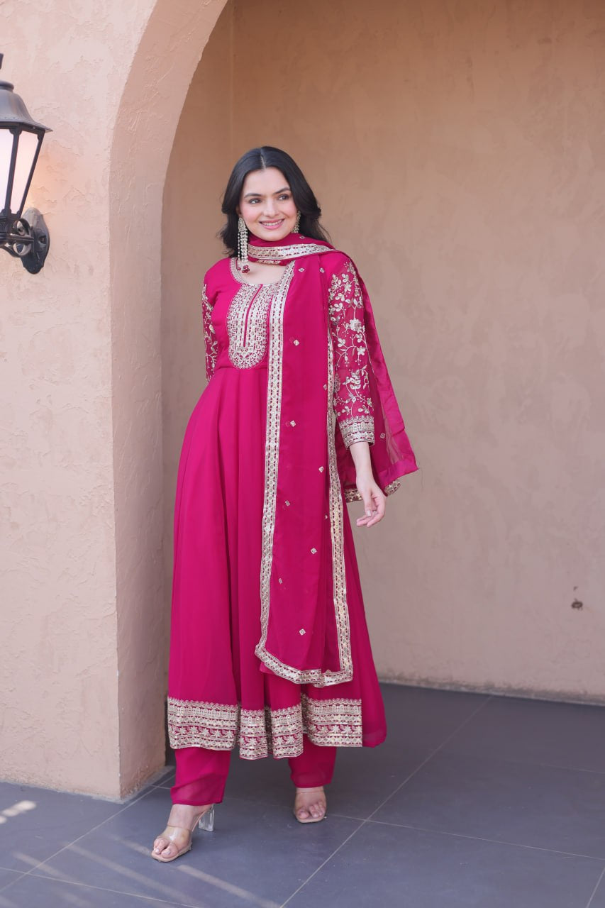 Womenline Rani Pink Embroidered Gown with Dupatta
