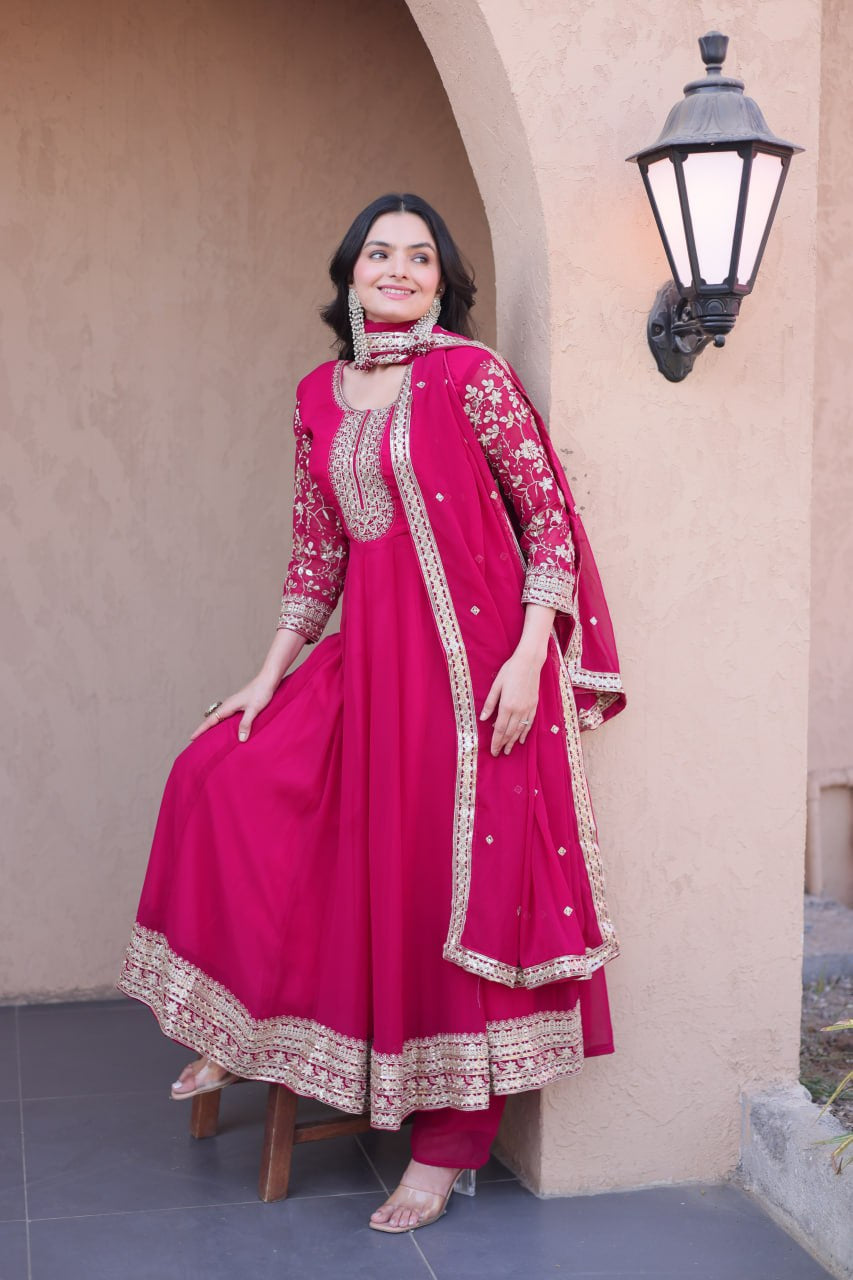 Womenline Rani Pink Embroidered Gown with Dupatta