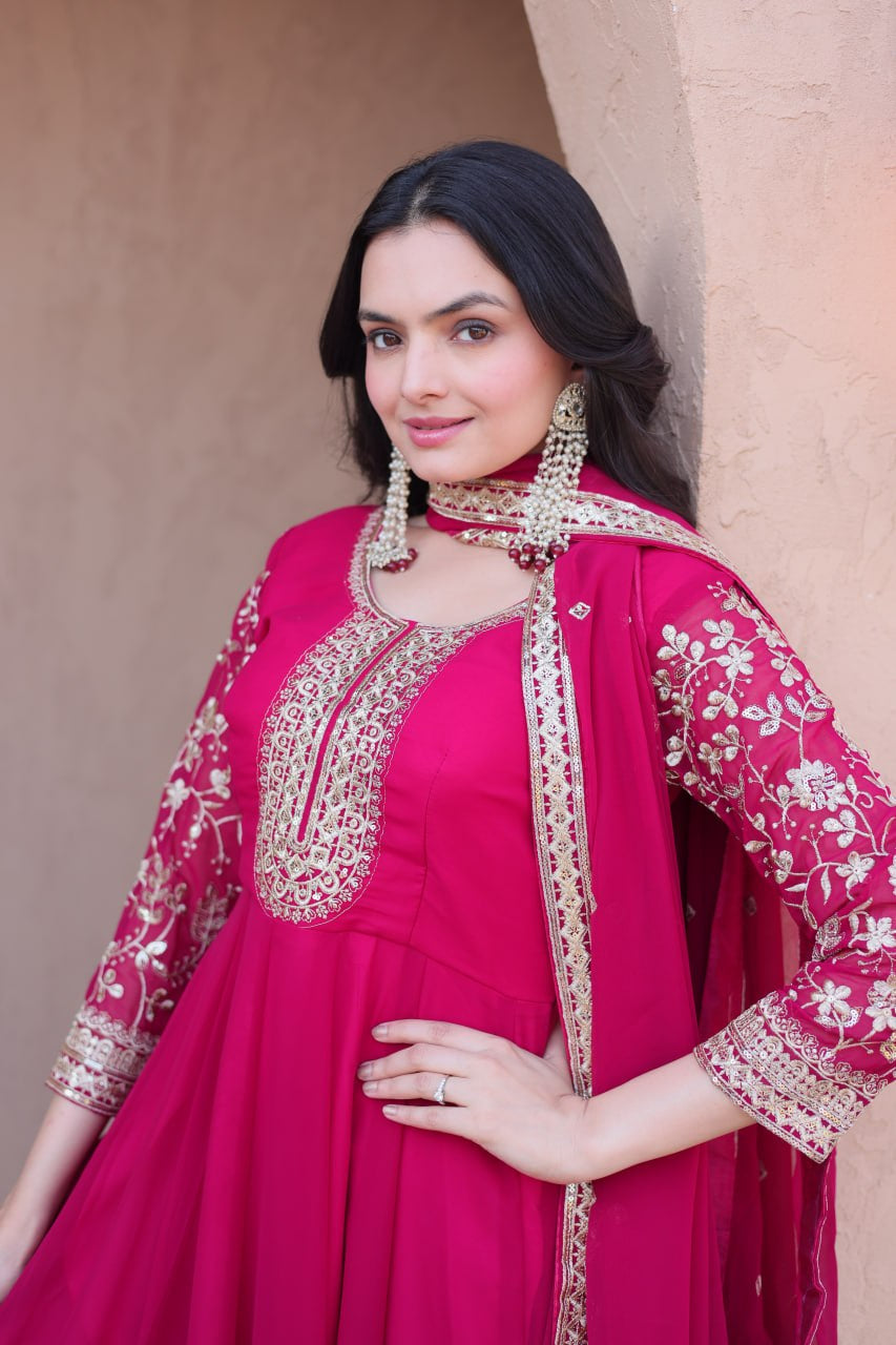 Womenline Rani Pink Embroidered Gown with Dupatta
