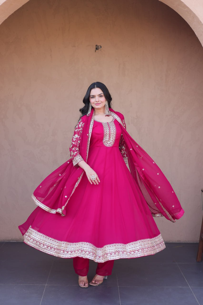 Womenline Rani Pink Embroidered Gown with Dupatta