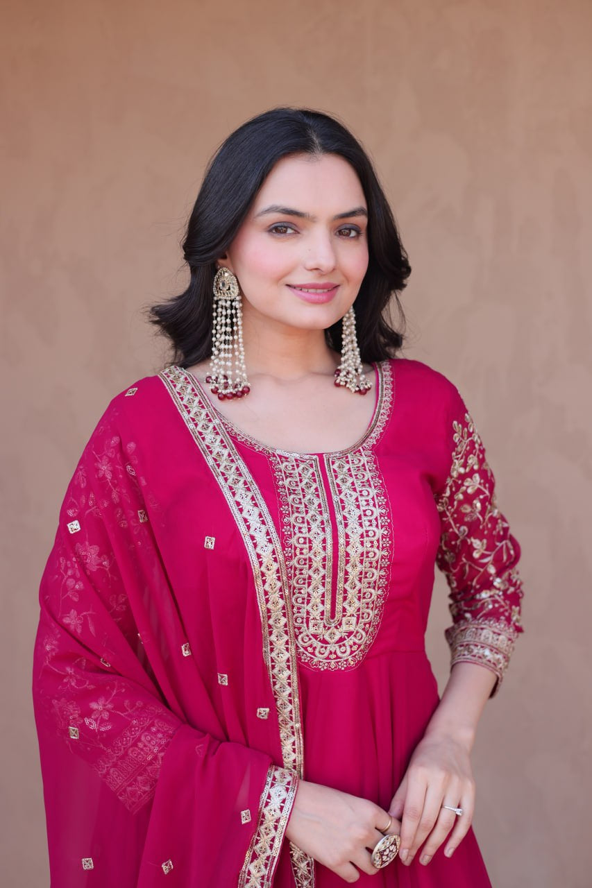 Womenline Rani Pink Embroidered Gown with Dupatta