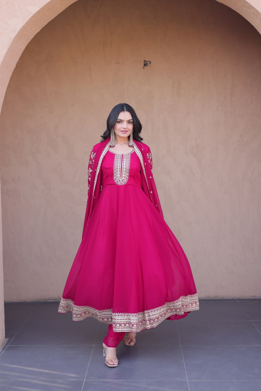 Womenline Rani Pink Embroidered Gown with Dupatta