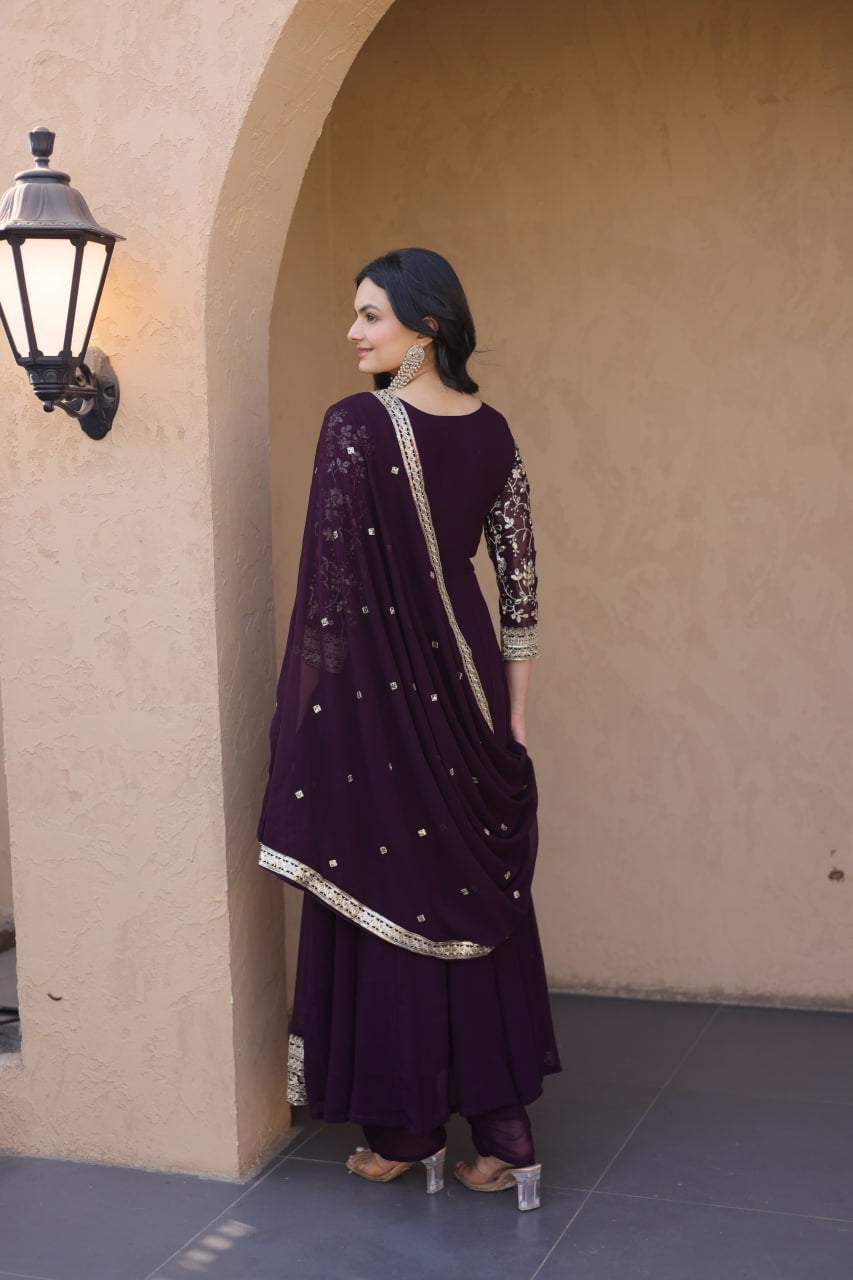 Womenline Wine Purple Embroidered Gown with Dupatta
