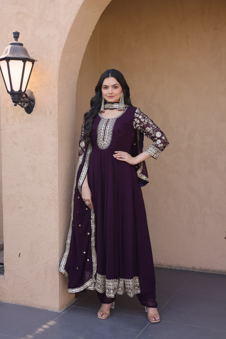 Womenline Wine Purple Embroidered Gown with Dupatta
