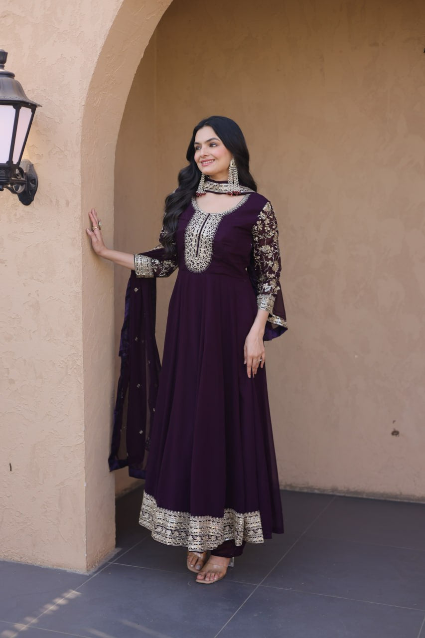 Womenline Wine Purple Embroidered Gown with Dupatta