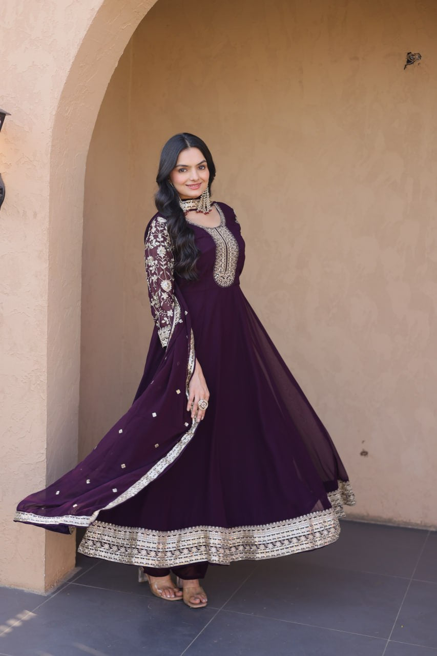Womenline Wine Purple Embroidered Gown with Dupatta