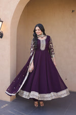 Womenline Wine Purple Embroidered Gown with Dupatta