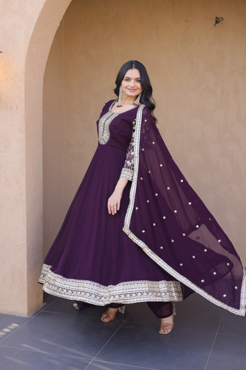 Womenline Wine Purple Embroidered Gown with Dupatta