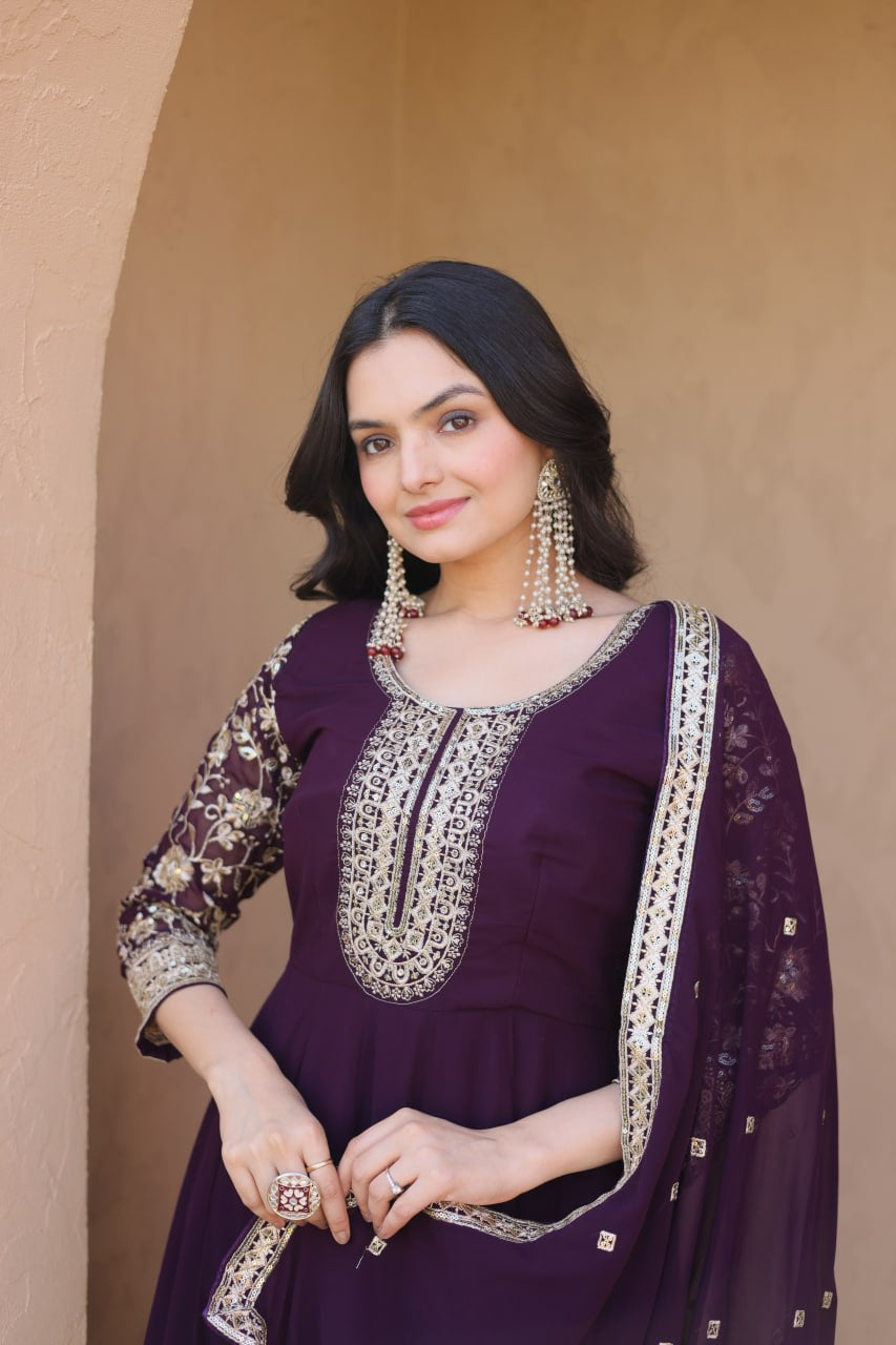 Womenline Wine Purple Embroidered Gown with Dupatta