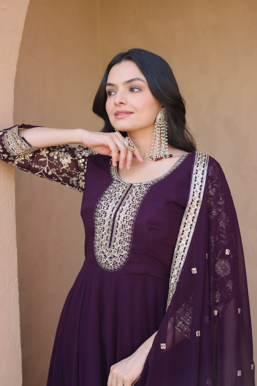 Womenline Wine Purple Embroidered Gown with Dupatta