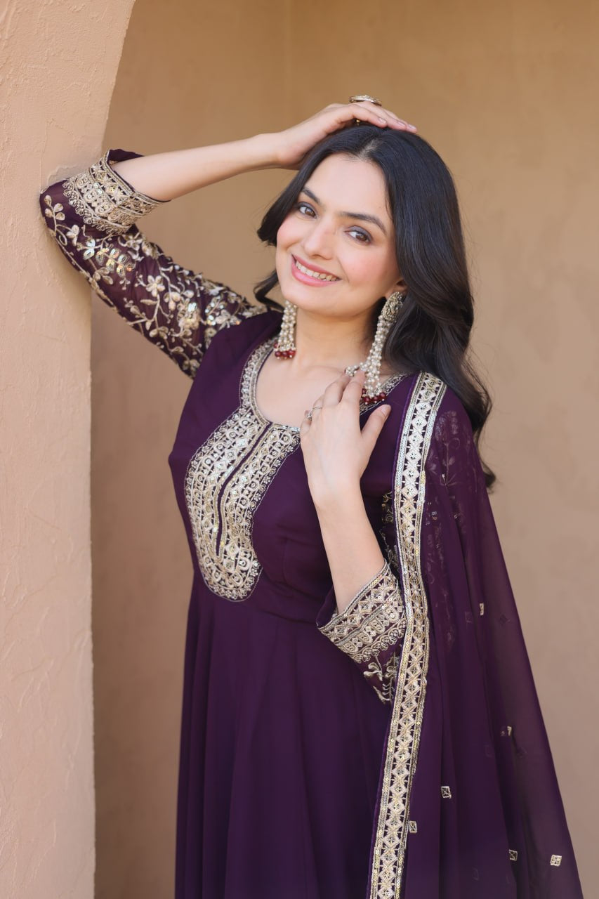 Womenline Wine Purple Embroidered Gown with Dupatta