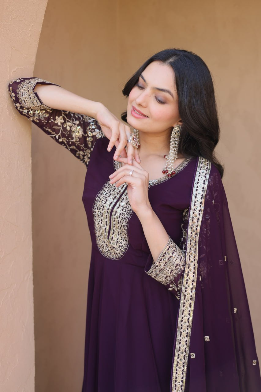 Womenline Wine Purple Embroidered Gown with Dupatta