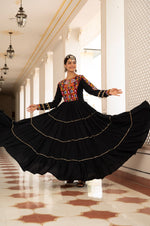 Womenline Black Rayon Embroidered Navratri Anarkali Gown