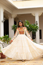 Womenline Cream Rayon Embroidered Navratri Anarkali Gown