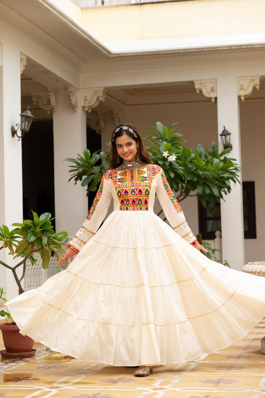 Womenline Cream Rayon Embroidered Navratri Anarkali Gown