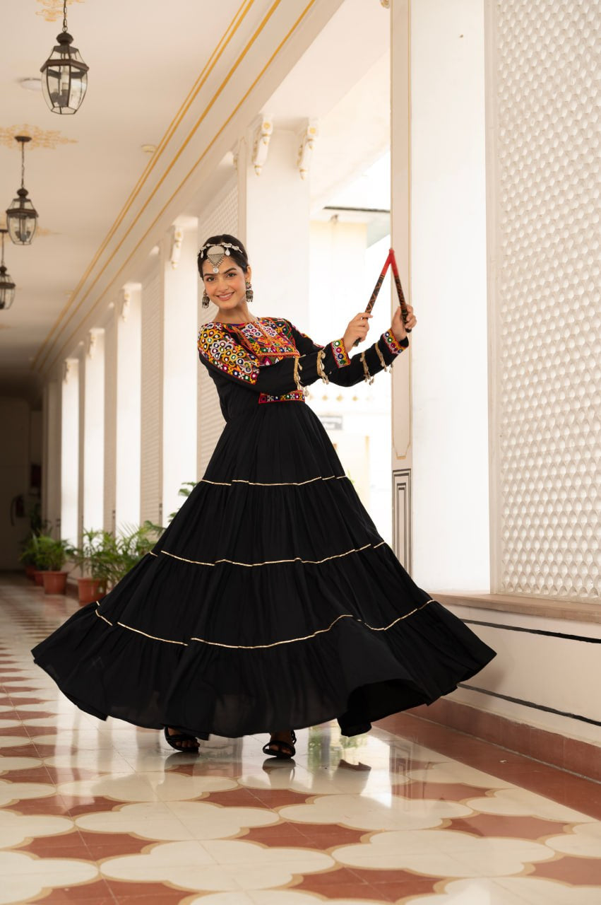 Womenline Black Rayon Embroidered Navratri Anarkali Gown