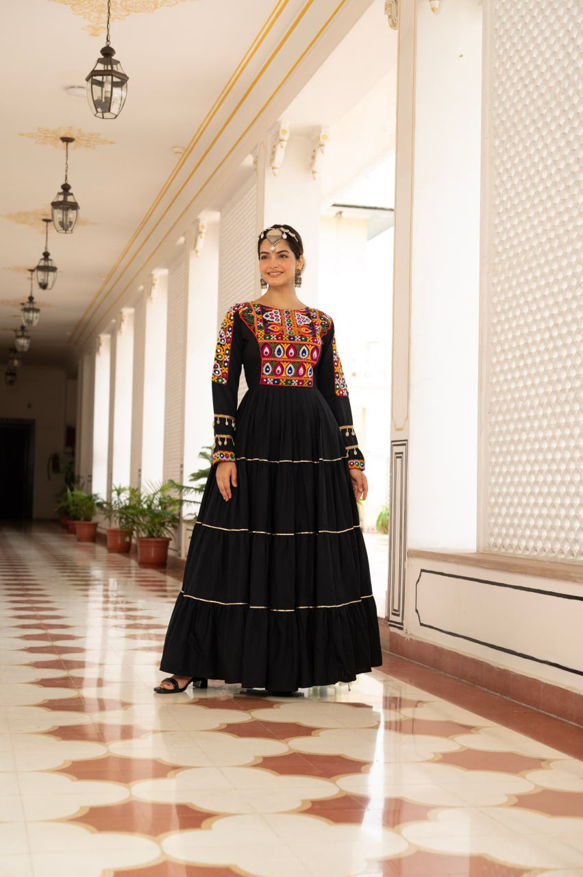 Womenline Black Rayon Embroidered Navratri Anarkali Gown