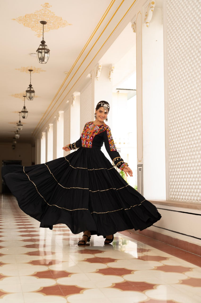 Womenline Black Rayon Embroidered Navratri Anarkali Gown