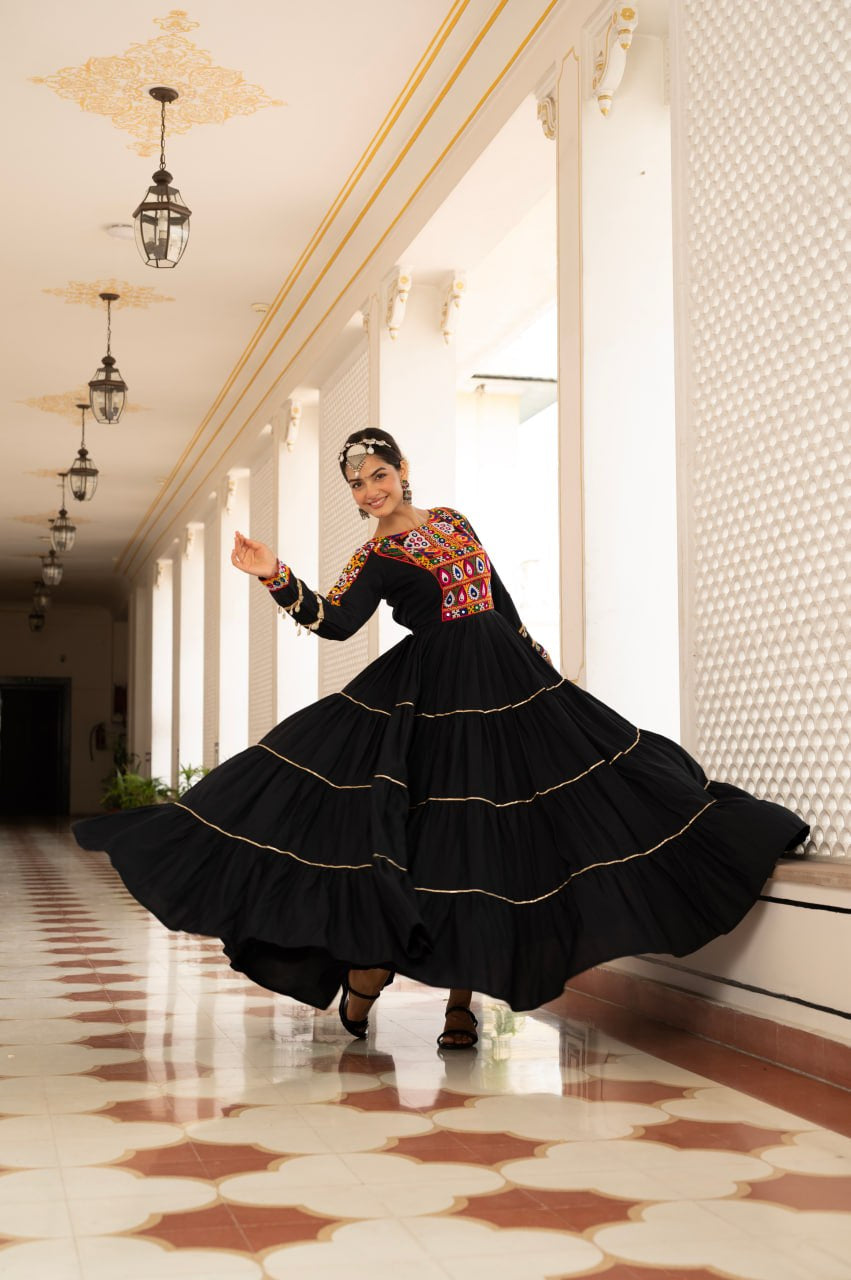 Womenline Black Rayon Embroidered Navratri Anarkali Gown