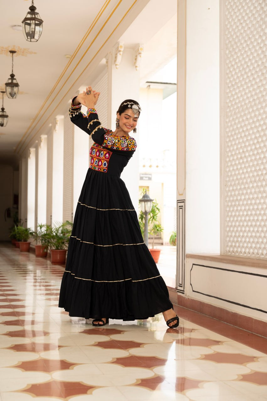 Womenline Black Rayon Embroidered Navratri Anarkali Gown