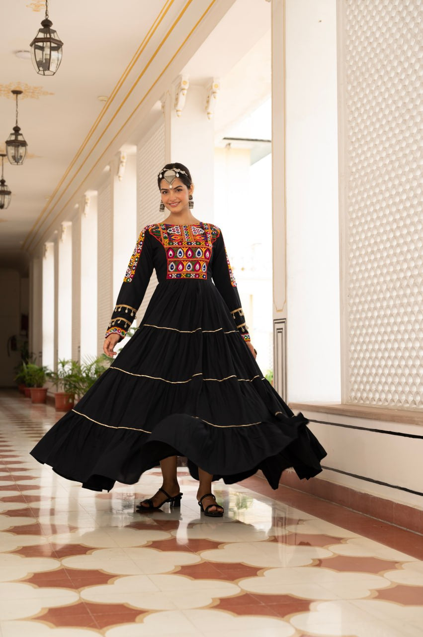 Womenline Black Rayon Embroidered Navratri Anarkali Gown