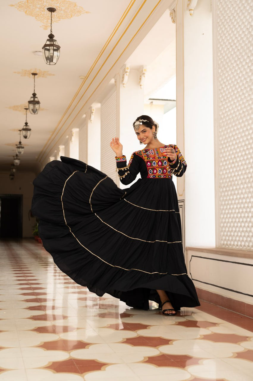 Womenline Black Rayon Embroidered Navratri Anarkali Gown