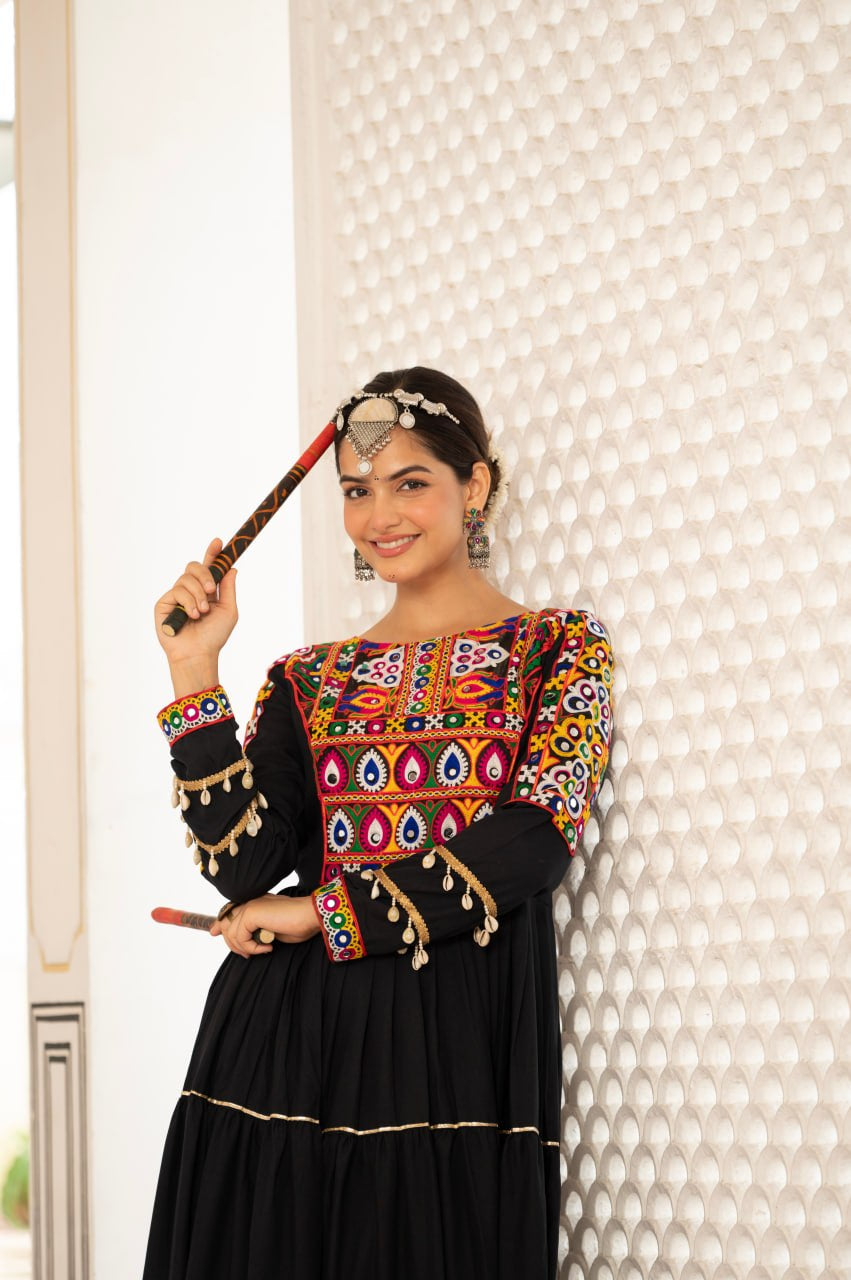 Womenline Black Rayon Embroidered Navratri Anarkali Gown