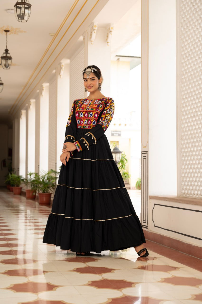 Womenline Black Rayon Embroidered Navratri Anarkali Gown