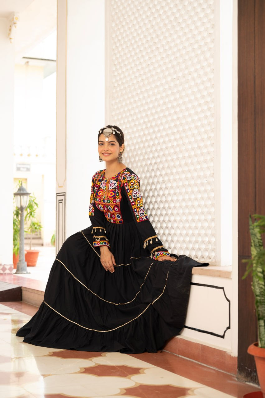 Womenline Black Rayon Embroidered Navratri Anarkali Gown
