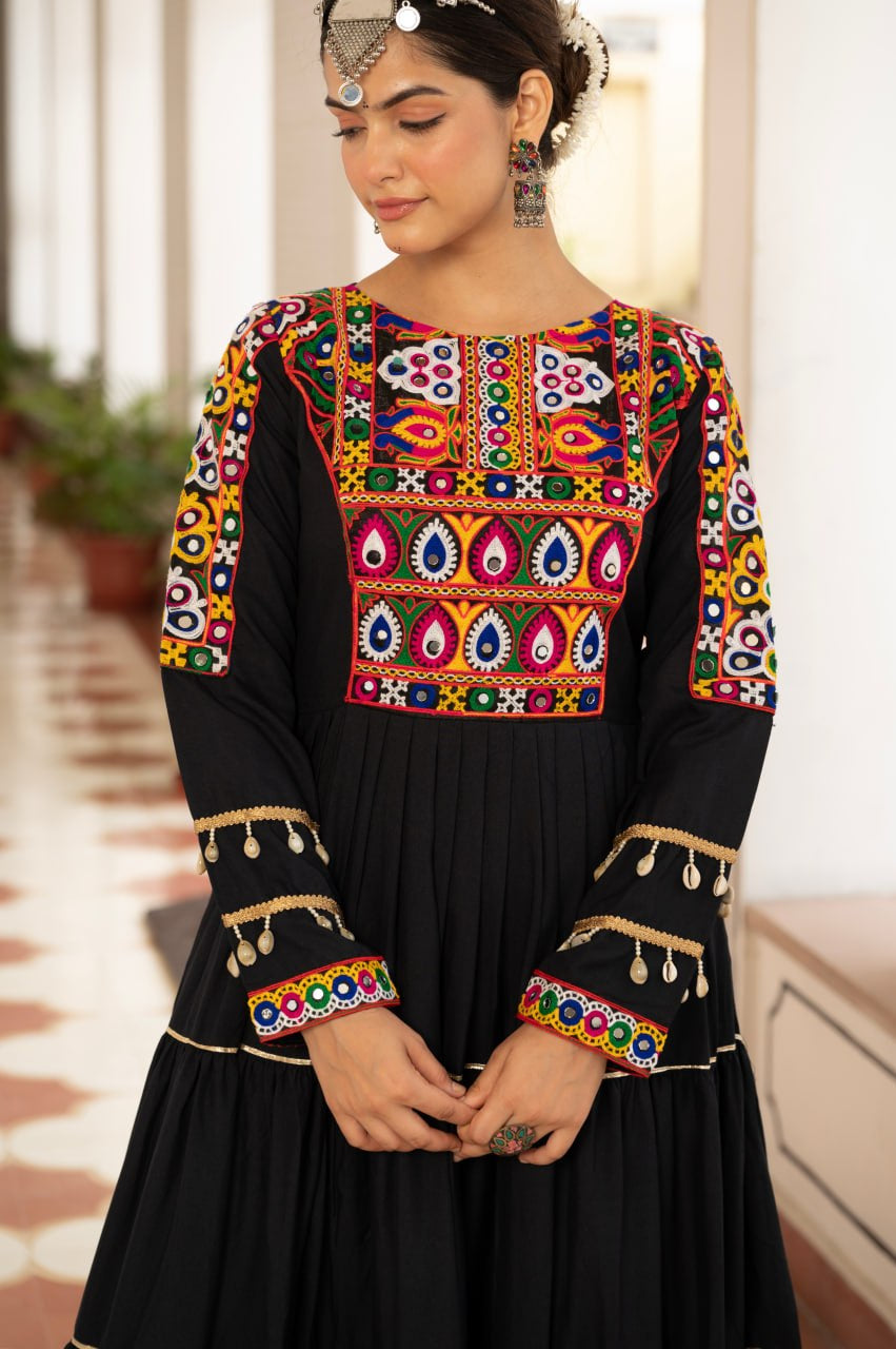 Womenline Black Rayon Embroidered Navratri Anarkali Gown