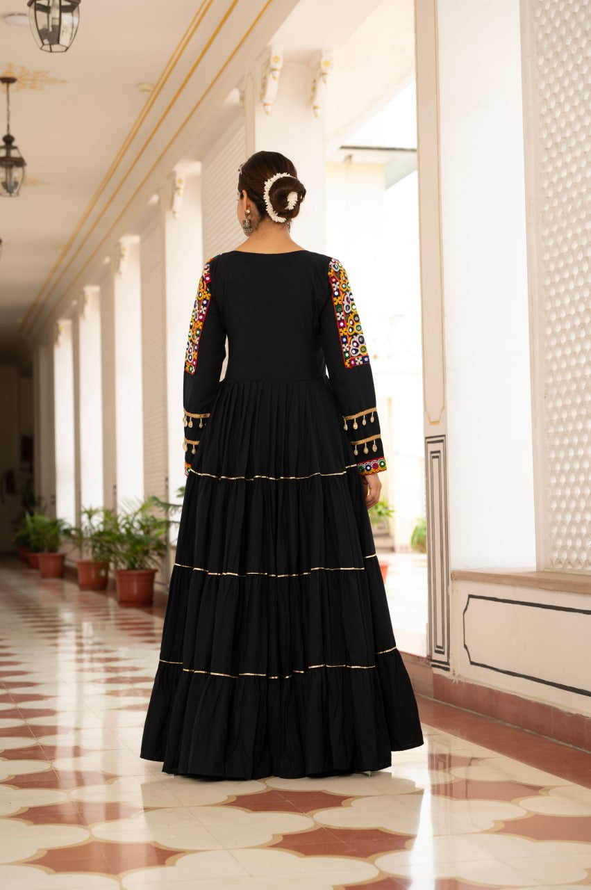 Womenline Black Rayon Embroidered Navratri Anarkali Gown