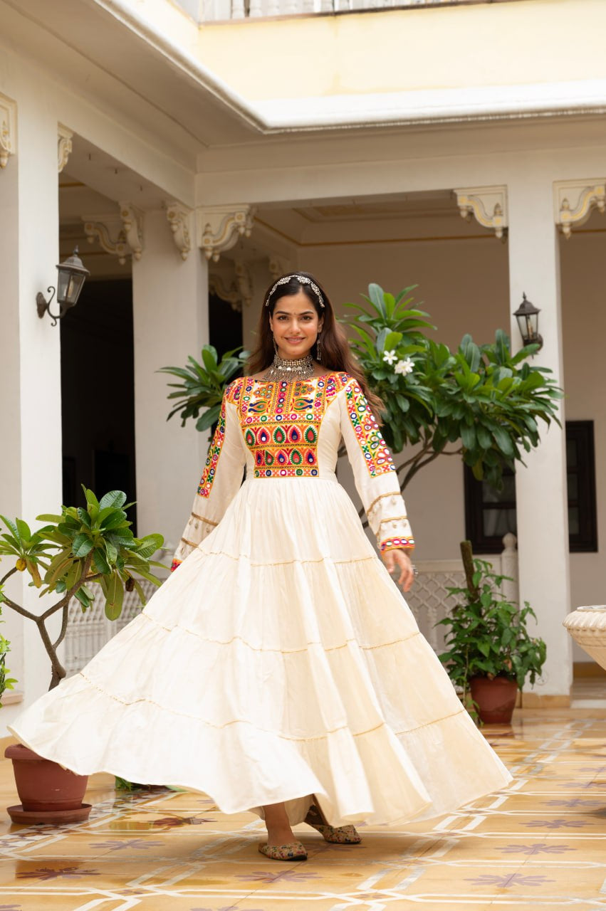 Womenline Cream Rayon Embroidered Navratri Anarkali Gown
