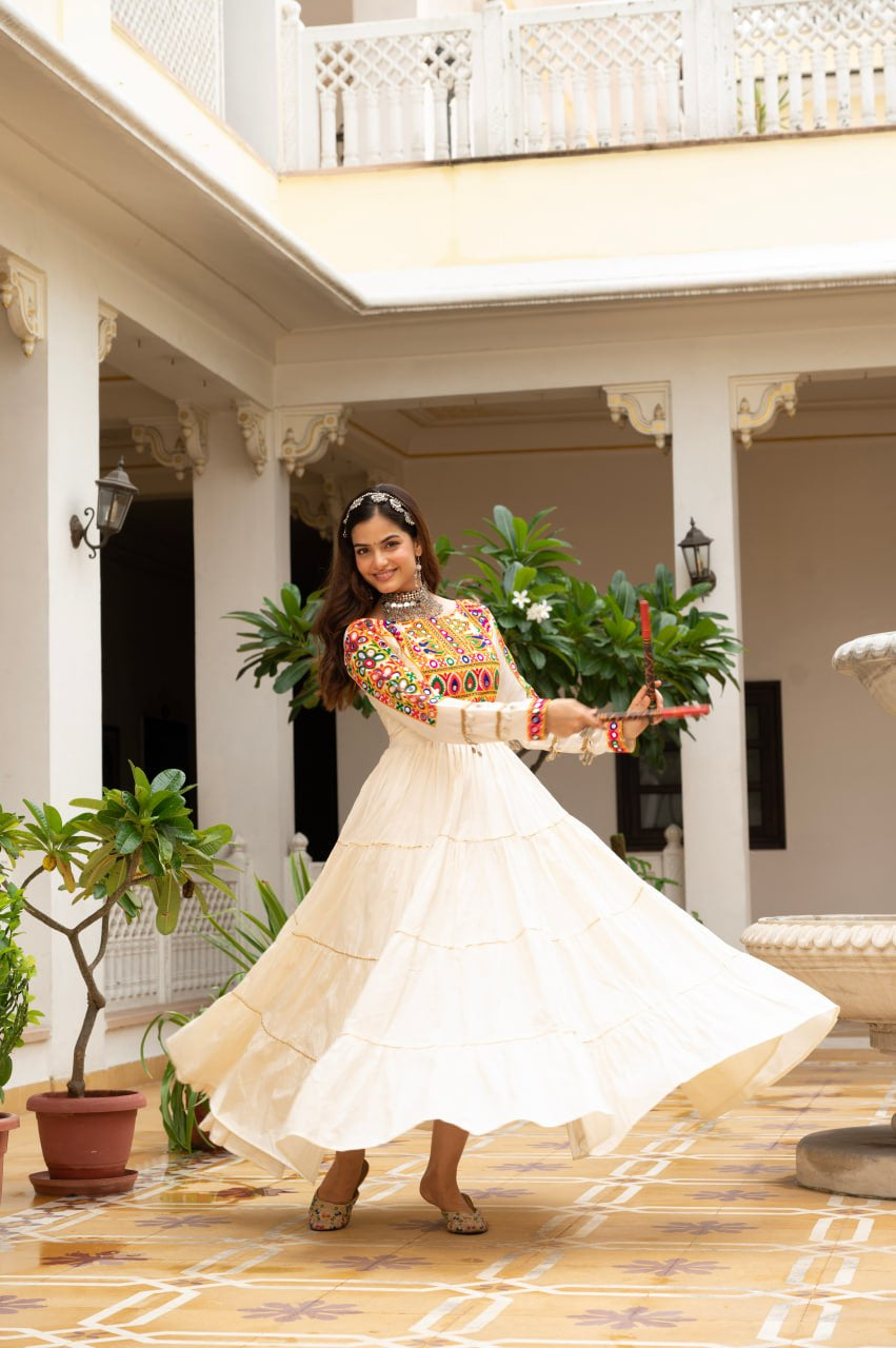 Womenline Cream Rayon Embroidered Navratri Anarkali Gown