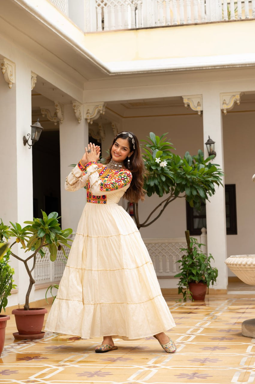 Womenline Cream Rayon Embroidered Navratri Anarkali Gown