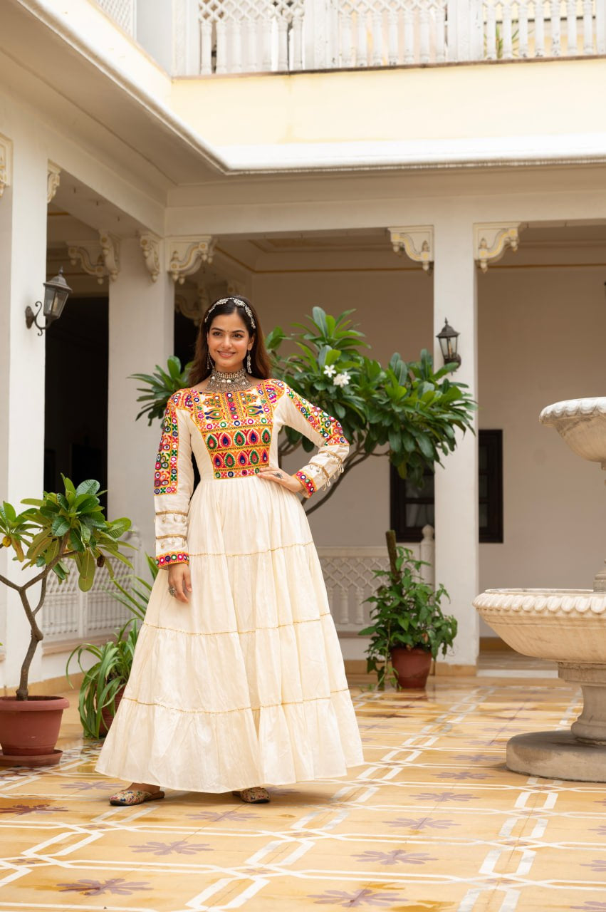 Womenline Cream Rayon Embroidered Navratri Anarkali Gown