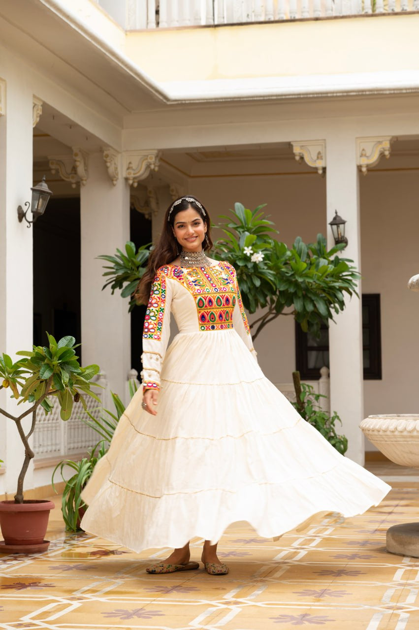 Womenline Cream Rayon Embroidered Navratri Anarkali Gown