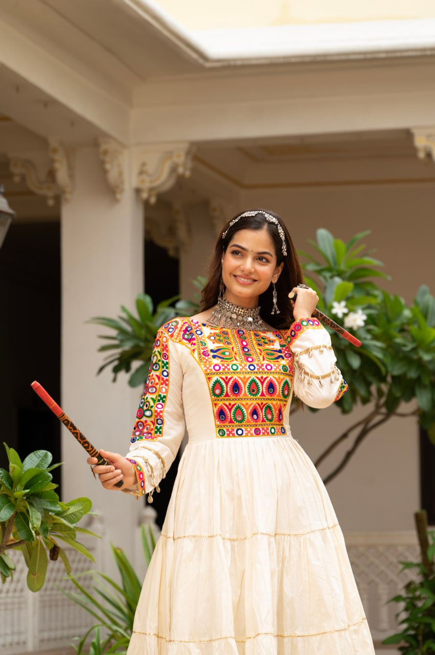 Womenline Cream Rayon Embroidered Navratri Anarkali Gown