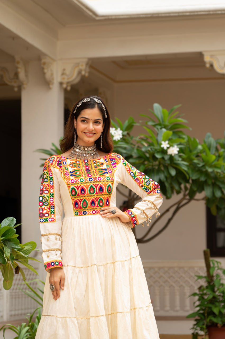 Womenline Cream Rayon Embroidered Navratri Anarkali Gown