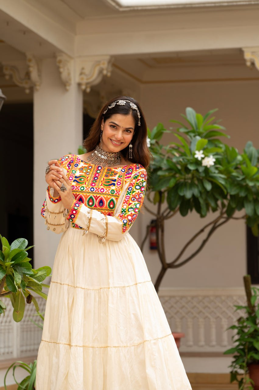 Womenline Cream Rayon Embroidered Navratri Anarkali Gown