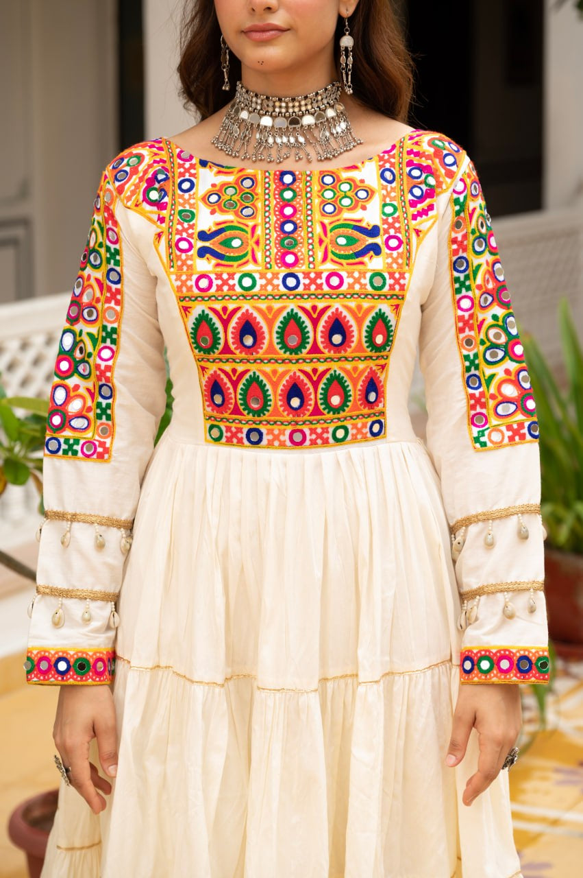 Womenline Cream Rayon Embroidered Navratri Anarkali Gown