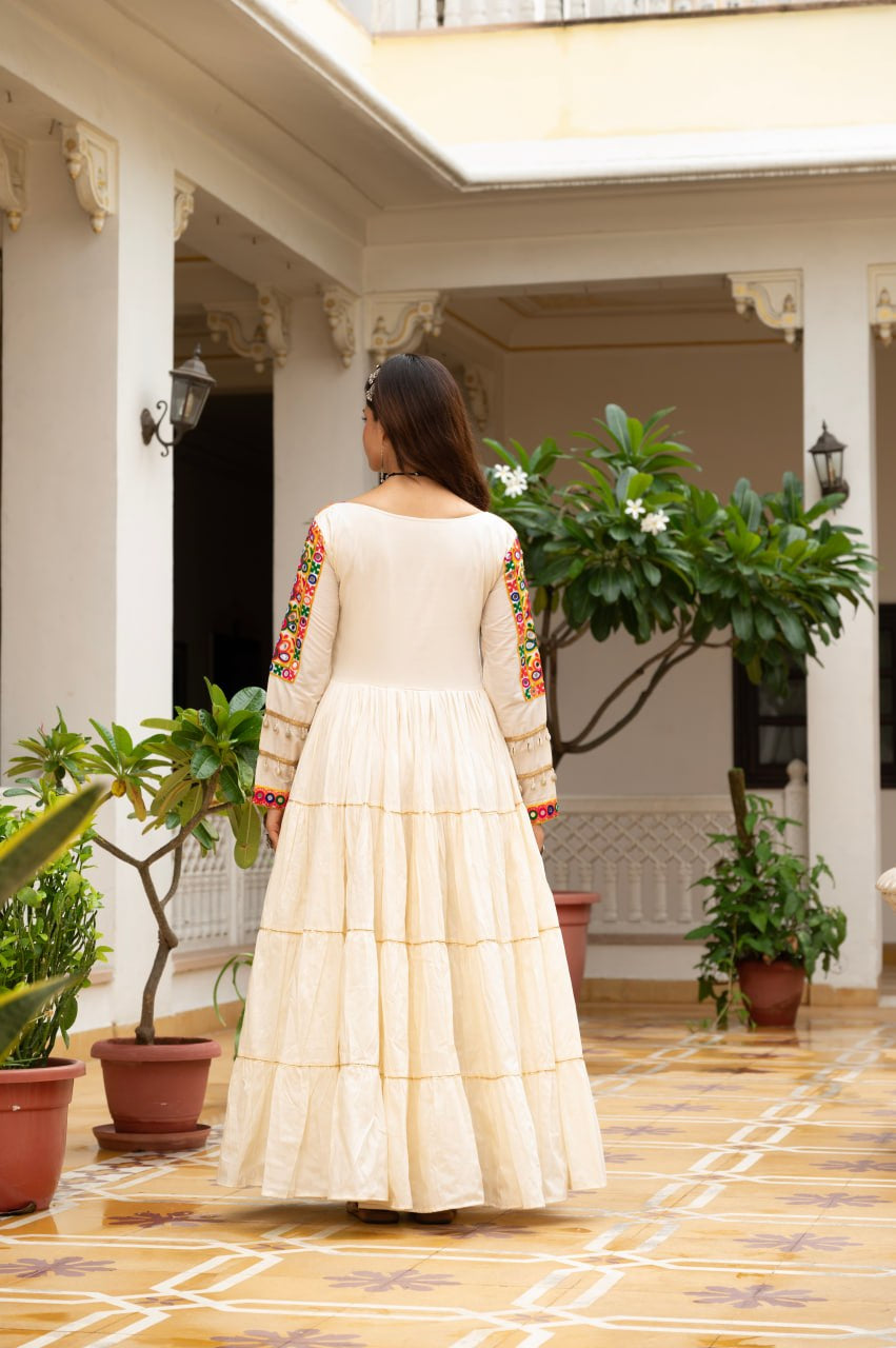 Womenline Cream Rayon Embroidered Navratri Anarkali Gown