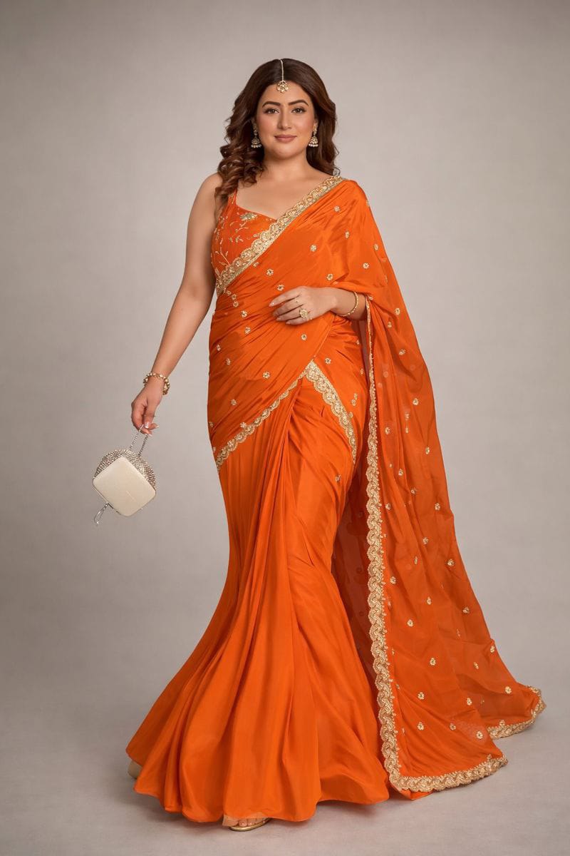 Womenline Orange Designer Saree with Gold Embroidered Border & Sequin Work
