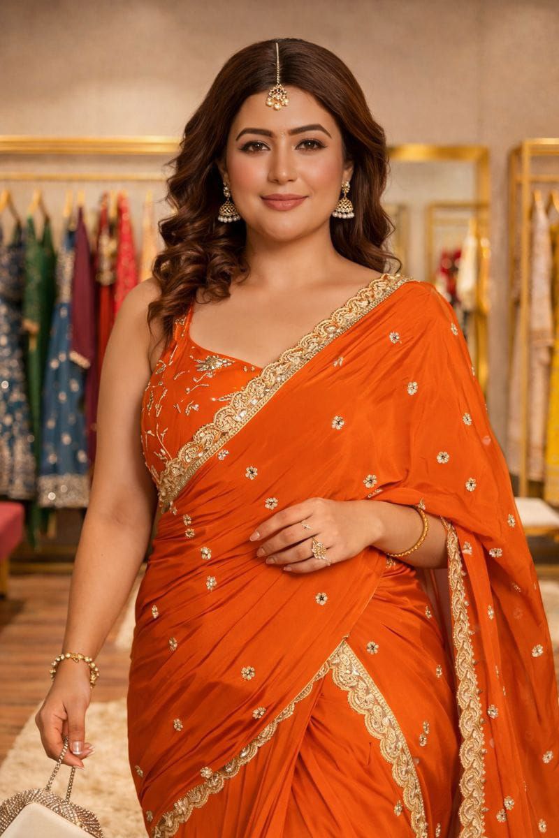 Womenline Orange Designer Saree with Gold Embroidered Border & Sequin Work