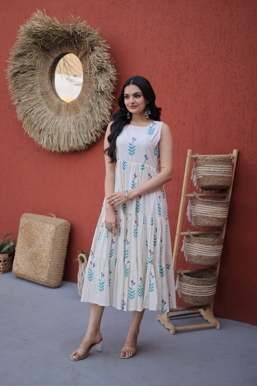 Womenline Off-White Leaf Printed Tiered Midi Dress