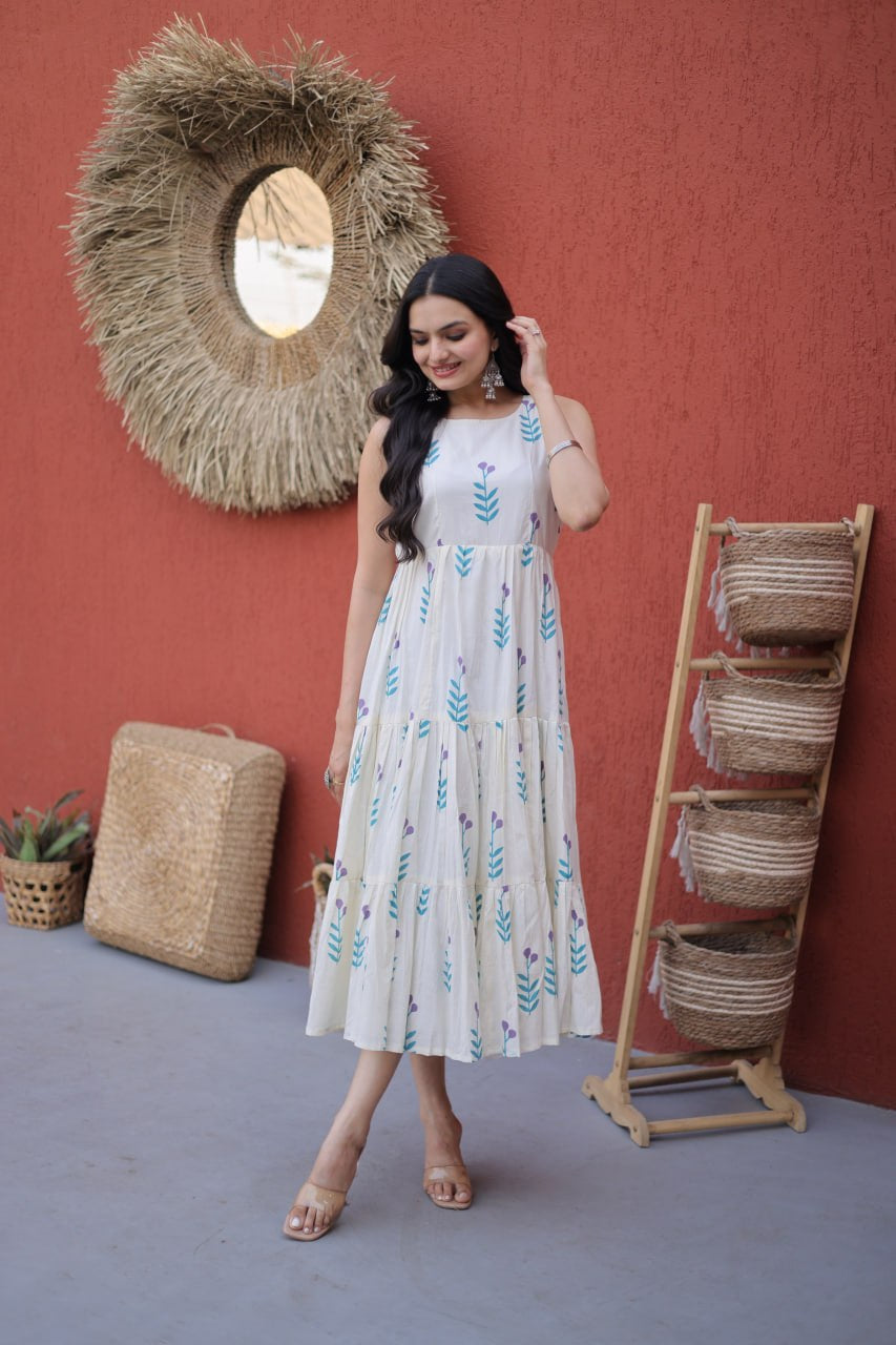 Womenline Off-White Leaf Printed Tiered Midi Dress